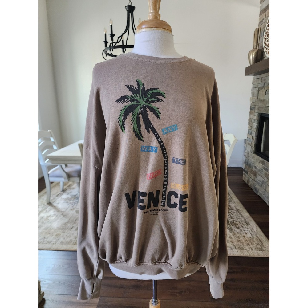 The Laundry Room Venice Beach Palm Tree Graphic Sweatshirt Tan Brown Womens L